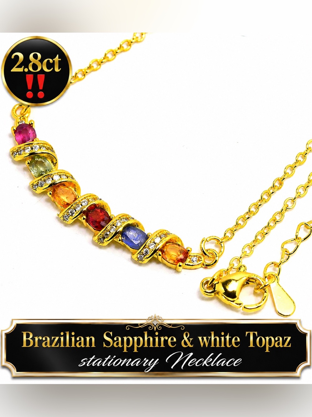 Sapphire stationary necklace  14k Gold over .925 18".   2.86ct  Multi Colors
